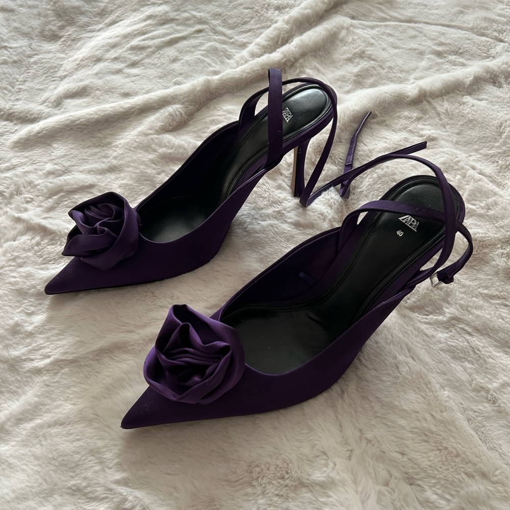 Zara Purple Floral Slingback Kitten Heels